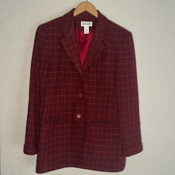 Vintage Lands’ End Dark Red Plaid Blazer Preppy Goth Money Wool Pockets Size 6 - Picture 2 of 7
